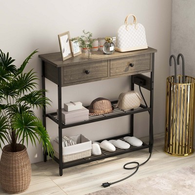 Grey Oak and Black Metal Console Table with Storage and Charging Station