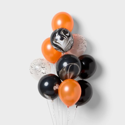 10ct Halloween Bats and Marble Mix Latex Balloon Pack Orange/Black - Spritz™