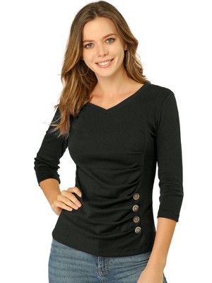 INSPIRE CHIC Women's V Neck 3/4 Sleeves Solid Knitted Buttons Decor Ruched Blouse