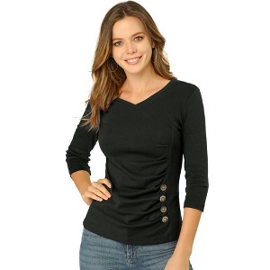 INSPIRE CHIC Women's V Neck 3/4 Sleeves Solid Knitted Buttons Decor Ruched Blouse - 1 of 4