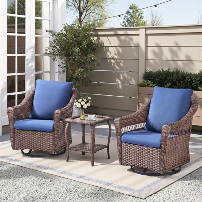Buenhomino 3PCS Patio Furniture Set with Swivel Chairs, All Weather Brown Wicker Bistro Set Outdoor Swivel Rocker Set of 2 with Side Table