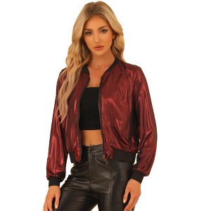 INSPIRE CHIC Women's Holographic Fashion Stand Collar Metallic Lightweight Zip Bomber Jacket - 1 of 4