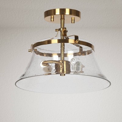 Auisre 2-Light Polished Gold Drum LED Semi-Flush Mount with Seeded Glass