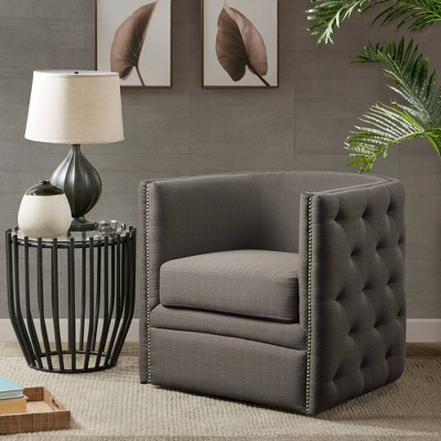 Grayson Barrel Swivel Accent Chair in Gray Leather