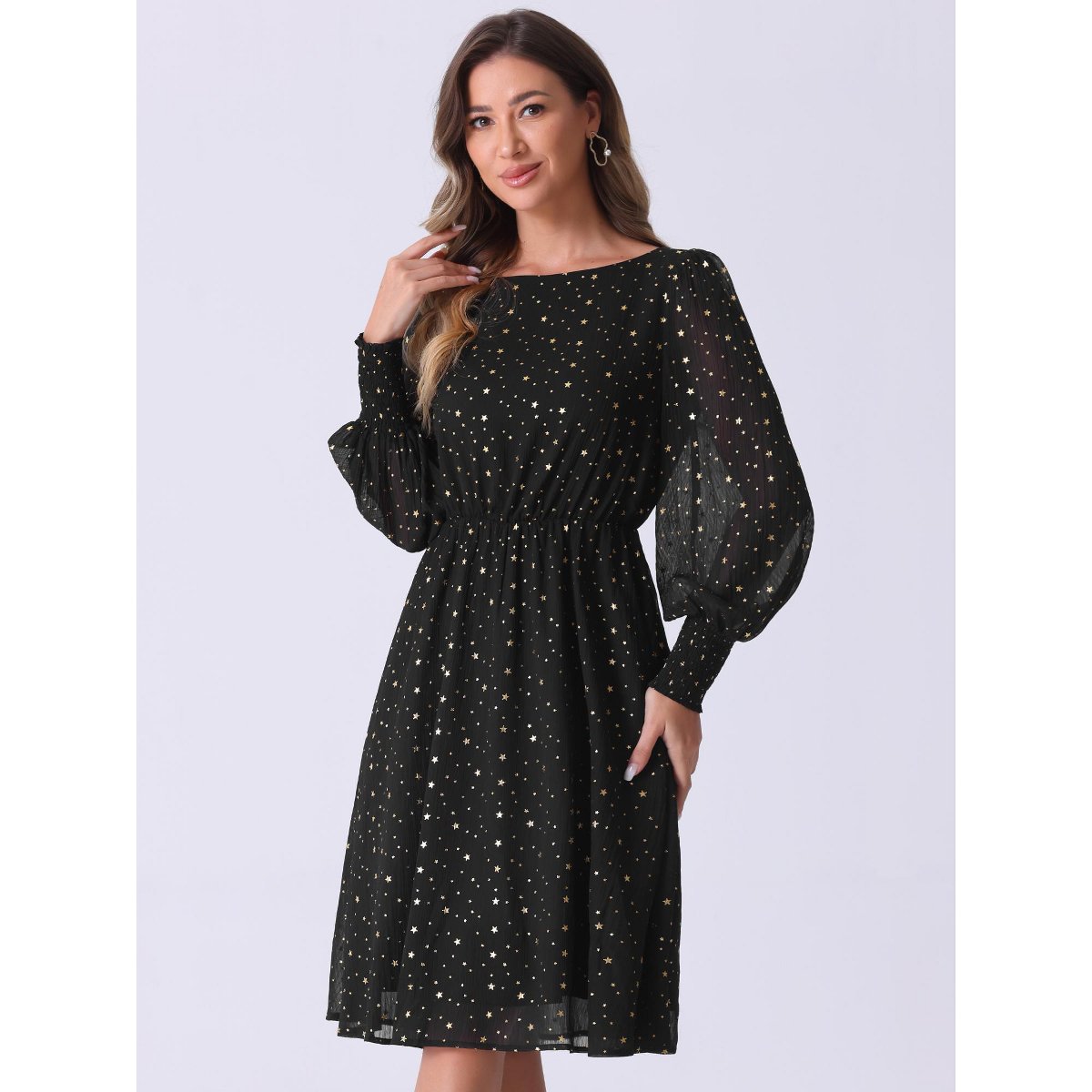 Женские платья INSPIRE CHIC Women's Puff Long Sleeve Elastic Waist Glitter Stars Boat Neck Mesh Dress Black X-Large — фото 2