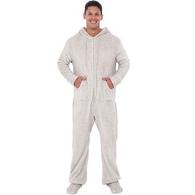 ADR Men's Plush Fleece One Piece Hooded Footed Zipper Pajamas Set, Soft Adult Jumpsuit PJs with Hood