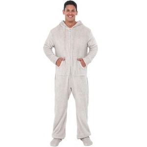 ADR Men's Plush Fleece One Piece Hooded Footed Zipper Pajamas Set, Soft Adult Jumpsuit PJs with Hood - 1 of 4