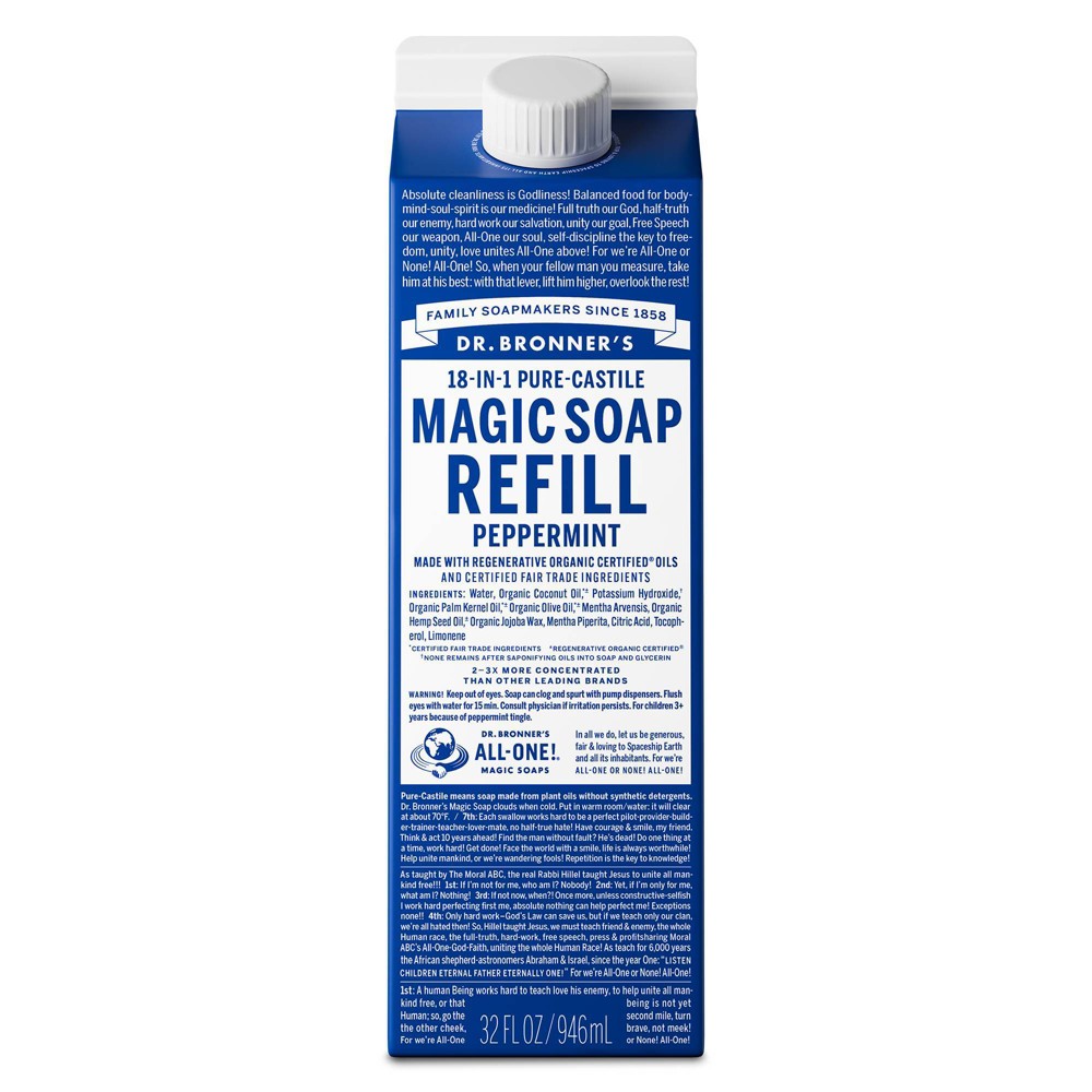 Photos - Shower Gel Dr. Bronner's Peppermint Pure Castile Soap Refill Carton - 32 fl oz