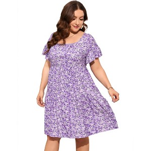Plus Size Dress Plus Size Dress Ruffle Sleeve Flowy Dress with Pockets blue white flower 2XL - 1 of 4