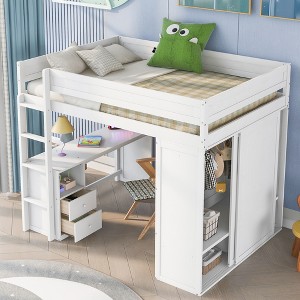 Wood Loft Bed with Wardrobes and 2-Drawer Desk with Cabinet-ModernLuxe - 1 of 4