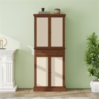 SKRAN 4 Door Storage Cabinet with 1 Drawer and with 4 Adjustable Inner Shelves, Natural Rattan Furniture for Living Room, Bedroom, Nursery