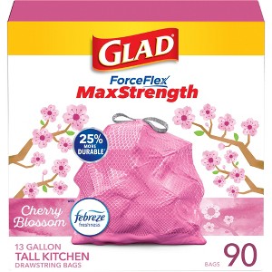 Glad ForceFlex MaxStrength Tall Kitchen Drawstring Pink Trash Bags - Cherry Blossom - 13 Gallon - 1 of 4