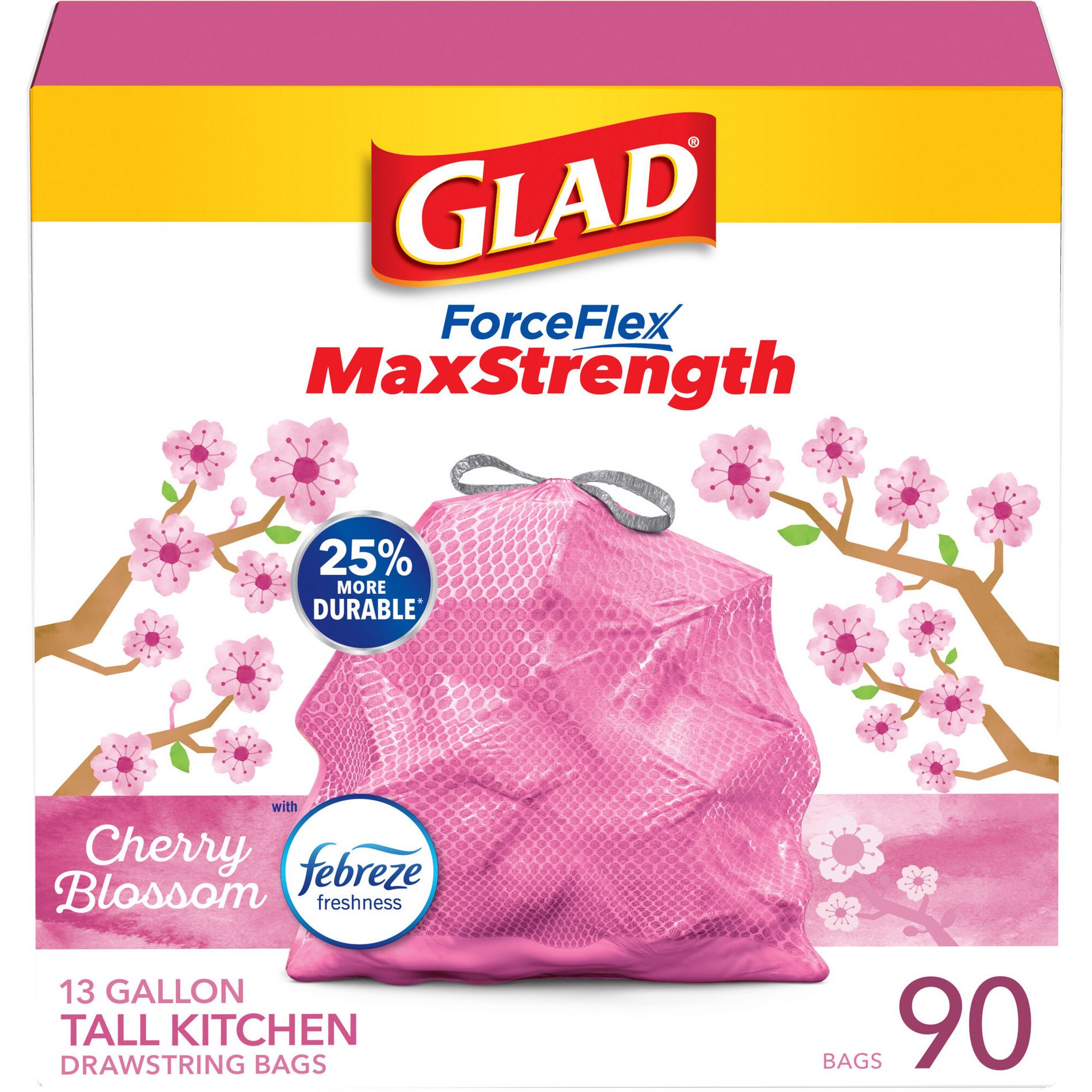 Glad ForceFlex MaxStrength Tall Kitchen Drawstring Pink Trash Bags - Cherry Blossom - 13 Gallon