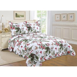 J&V TEXTILES Twin Reversible Printed Quilt Set Bed Blankets Floral White/Pink/Green - 1 of 1