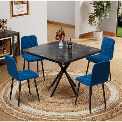 38.60"Square Dining Table Set, Mid Century Modern Square Dining Table for 4 Person, Faux Marble Tabletop, Iron Legs,Black+Blue