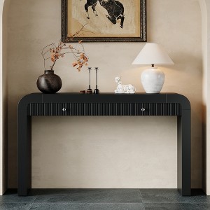 ORRD Rustic Console Table with Fluted Drawer, Entryway Sofa Table with Curved Corners & Thick Legs for Hallway, Living Room Farmhouse Decor，Black - 1 of 4