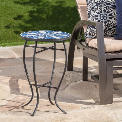 NicBex Round Side Table with Ceramic Tile Top,Outdoor End Table with Iron Frame,Patio Table for Garden,Poolside,Outdoor Furniture,White+Blue