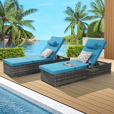 Outdoor Recliner Set of 2,Rattan Recliners With Adjustable Backrest,Table And Cushion,Recliner With Storage For Poolside-Cuddlewood