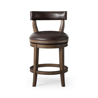 HomeRoots 26" Brown Faux Leather and Solid Wood Low Back Counter Height Swivel Bar Chair