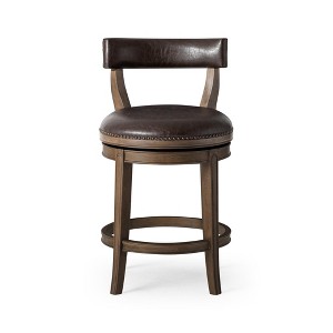 HomeRoots 26" Brown Faux Leather and Solid Wood Low Back Counter Height Swivel Bar Chair - 1 of 4