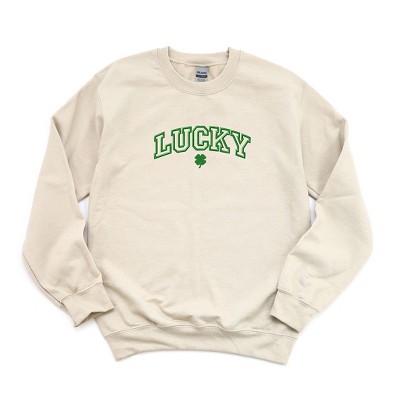 Simply Sage Market Women's Graphic Sweatshirt Embroidered Lucky Varsity Clover St. Patrick's Day- Green Ink