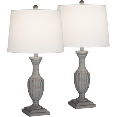 Regency Hill Laurel 26" High Candlestick Farmhouse Rustic Country Cottage Table Lamps Set of 2 Gray Faux Wood Finish White Shade Living Room Bedroom