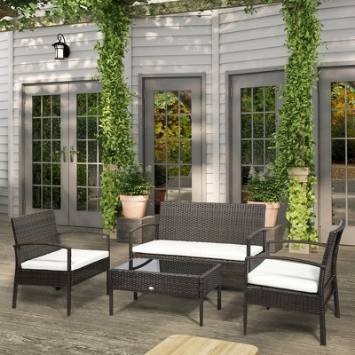Boho Chic Dark Brown Wicker 4-Piece Outdoor Conversation Set with Cream Cushions