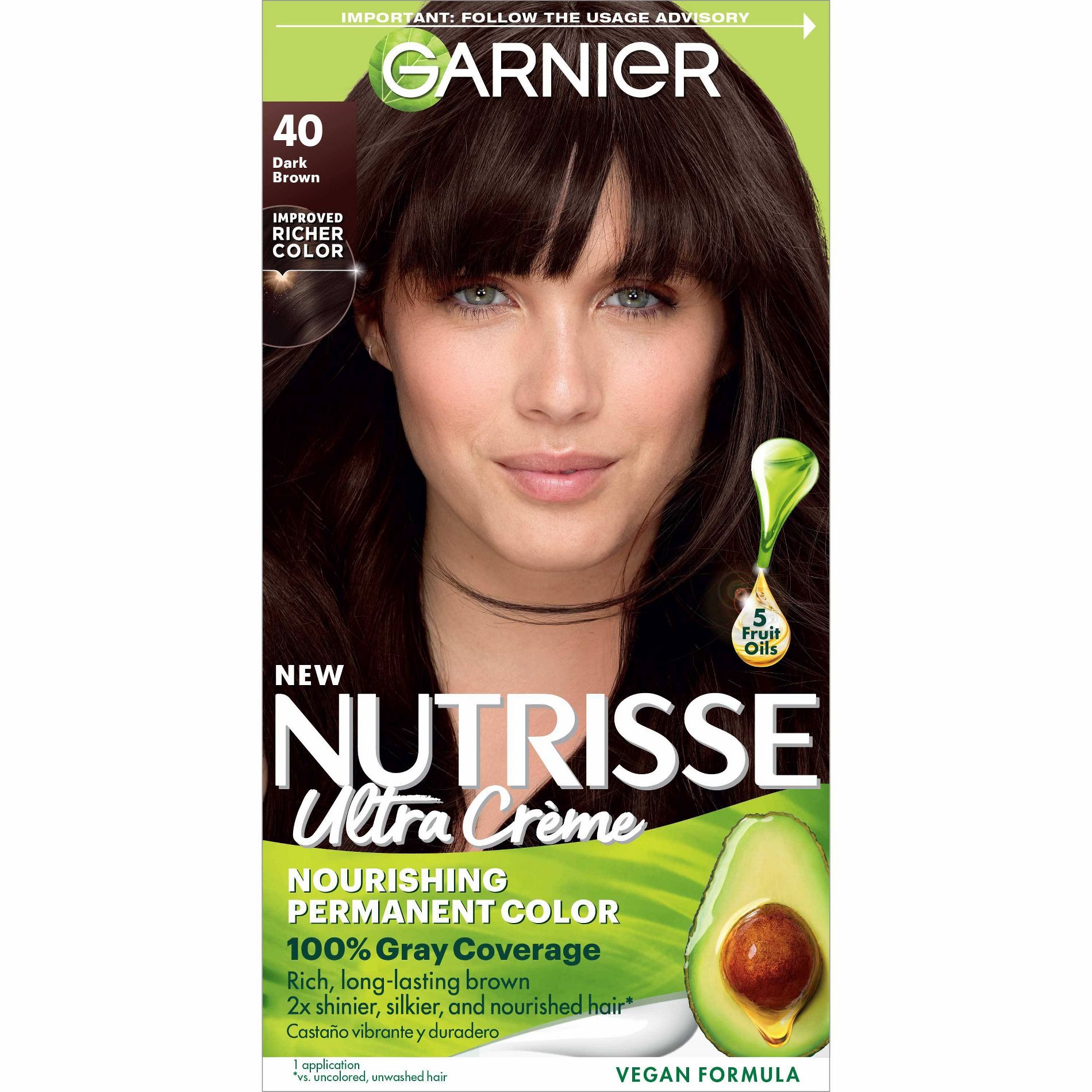 Garnier Nutrisse Nourishing Permanent Hair Color Creme - 40 Dark Brown: Aluminum-Free, With Argan & Coconut Oil, Vegan