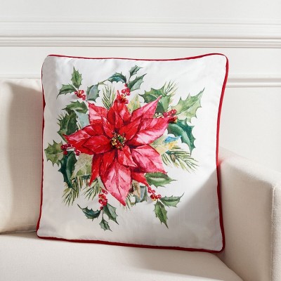 Holiday Poinsettia Beige and Red Square Pillow
