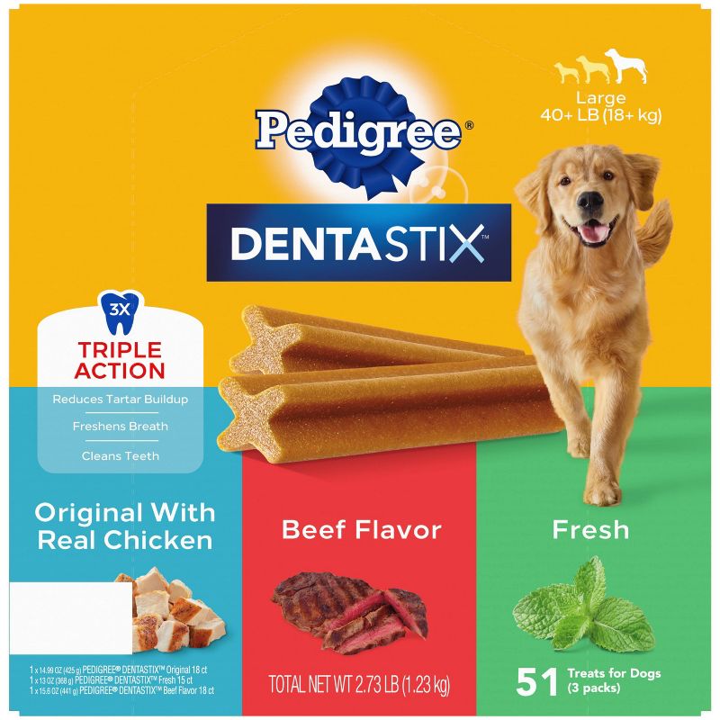 Pedigree Dentastix Chicken, Beef, and Fresh Peppermint Flavor Large Breed Adult Dental Dog Treats - 2.73lbs, 3 of 12