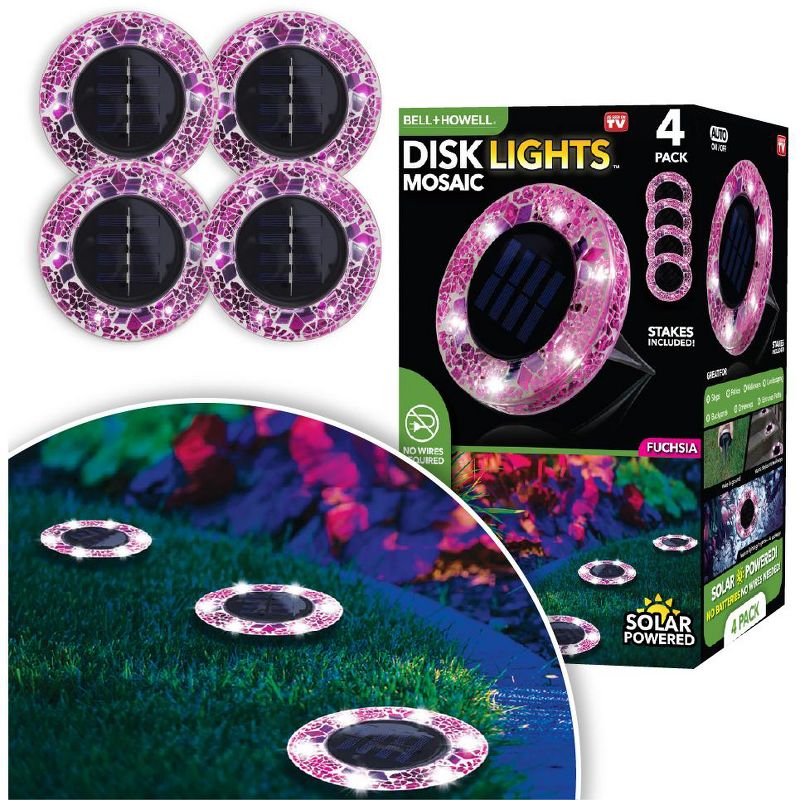 Bell + Howell 6 LED Round Fuchsia Mosaic Solar Powered Disk Lights with Auto On/Off - 4 Pack, 5 of 6