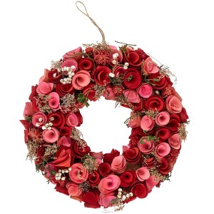 Northlight Wooden Roses Artificial Valentine's Day Wreath - 12.25" - Pink and Red - 1 of 4