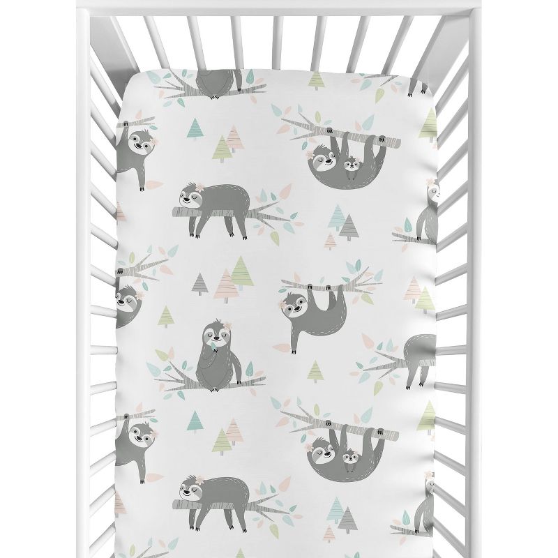 Sweet Jojo Designs Girl Baby Fitted Crib Sheet Sloth Pink Grey and White, 1 of 8