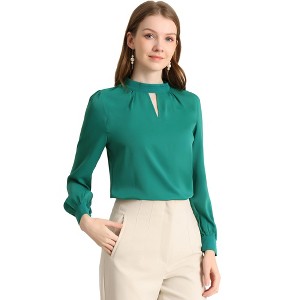 INSPIRE CHIC Women's Office Keyhole Elegant Stand Collar Long Sleeve Back Neck Button Blouse - 1 of 4
