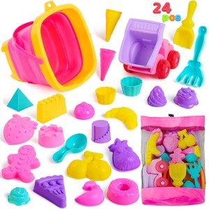 Joyfy 24 Pcs Beach Toys Set, Sand Toys Collapsible Sand Buckets with Mesh Bag Sand Shovels Castle Sets for Kids Toddlers Boys Girls Outdoor Play - 1 of 4
