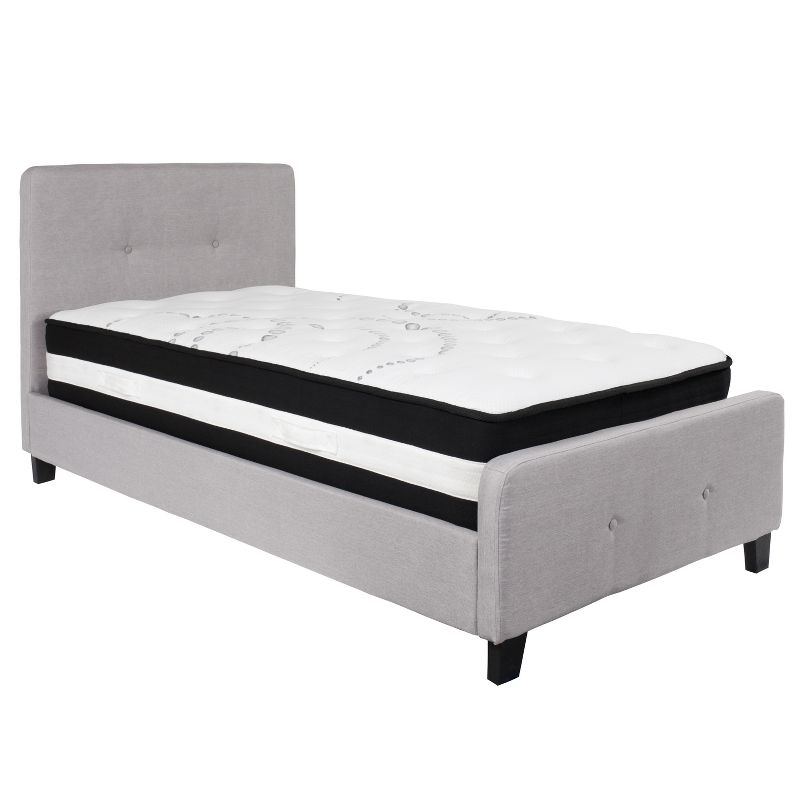 Emma and Oliver Twin Two Button Tufted Platform Bed/Mattress-Light Gray Fabric, 1 of 5