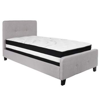 Emma and Oliver Twin Two Button Tufted Platform Bed/Mattress-Light Gray Fabric