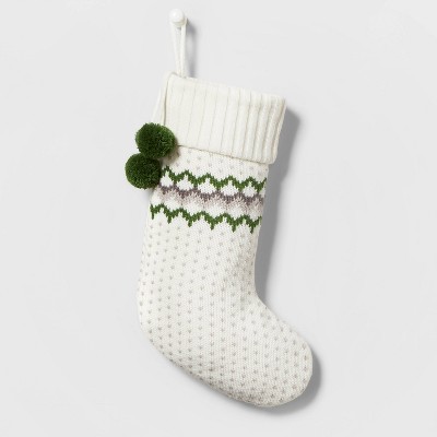 Fair Isle Knit Christmas Stocking with Green Poms - Wondershop™