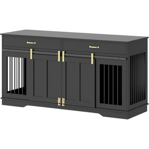 71" Double Dog Crate Furniture with Removable Divider, 2 Storage Drawers & Sliding Door Wooden - 1 of 4