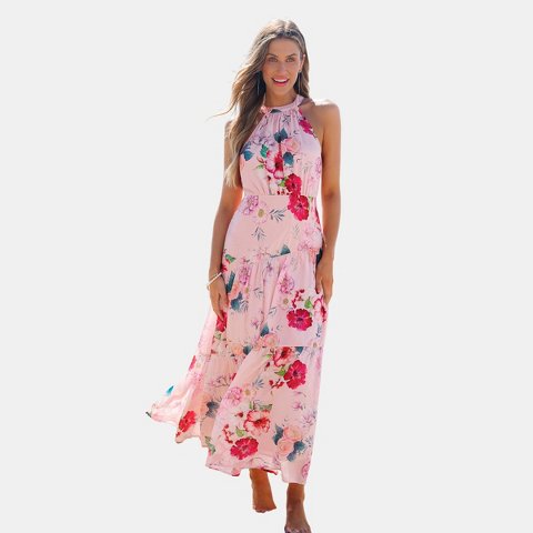 Женские платья Cupshe Women's Floral Halter Neck Tiered Ruffle Maxi Wedding Guest Dress-L-Pink