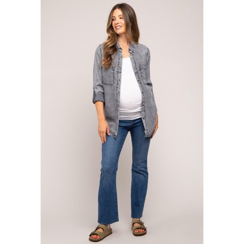 PinkBlush Charcoal Chambray Maternity Rolled Cuff Shirt - image 1 of 4