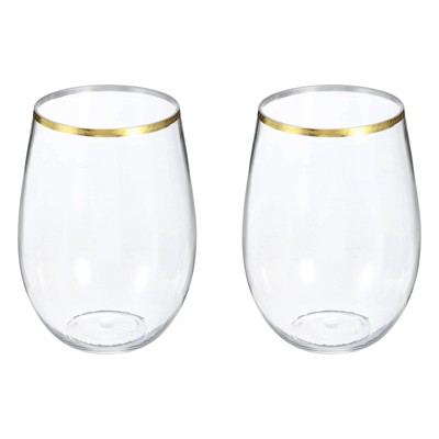Unique Bargains PET Lightweight Stemless Gold Trim Wine Glasses 2 Pcs