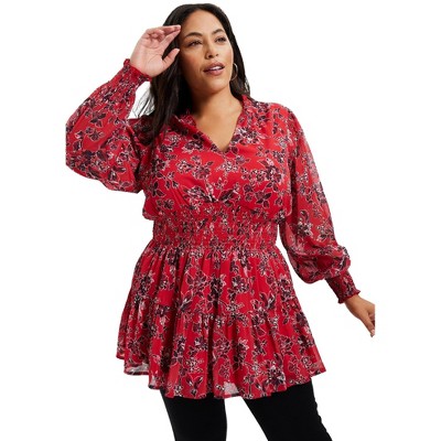 June + Vie Women’s Plus Size Smocked Georgette Tunic, 22/24 - Red Sketch  Floral