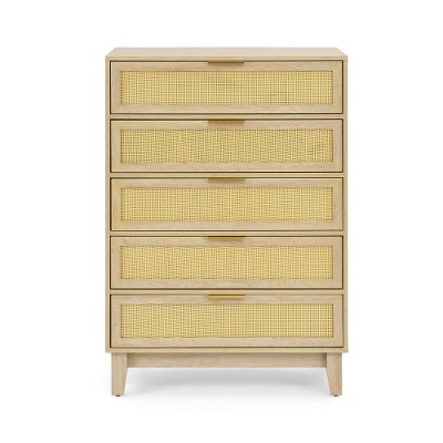 5-Drawer Chest For Bedroom, Rattan Chest Of Drawers, Modern Storage Dressers Organizer With Metal Handles For Living Room Hallway Entryway