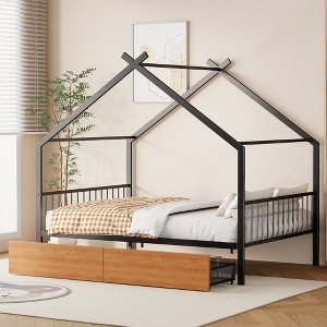 Full/Twin Size House-Shaped Metal Platform Bed Frame with Twin Size Trundle Bed/ Drawers 4S -ModernLuxe - 1 of 4