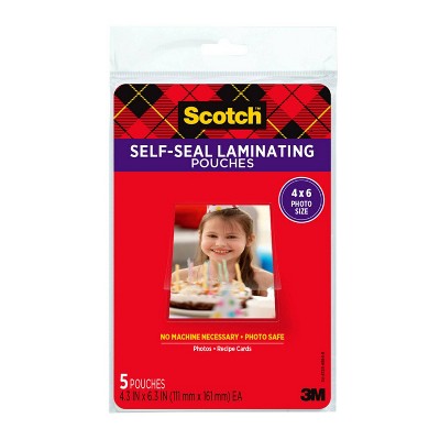 5Ct Scotch Self Seal 4X6 Photo Sz: Laminating Film Pouches, 6.3" x 4.3", Laminating Supplies, 5 Pack