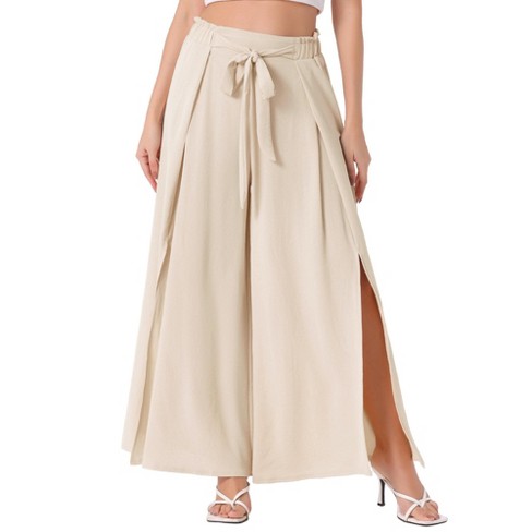 INSPIRE CHIC Women's High Slit Hem High Waist Casual Wide Leg Long Palazzo  Pants Apricot X-Small