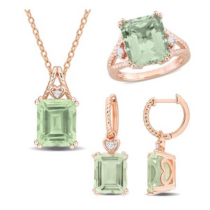 EVERLY JEWELRY | 17 3/4ct TGW Octagon-Cut Green Quartz and White Topaz Heart Earrings, Pendant, and Ring Set in Rose Plated Sterling Silver - 1 of 4