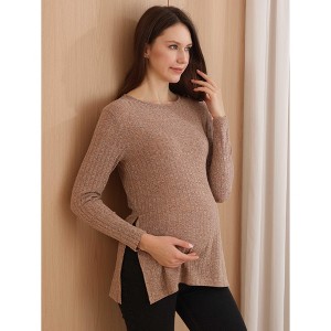 Women's Maternity Solid Color Round Neck Long - Sleeve Slit Top in Roman Fleece, Comfortable and Stylish Base Layer for Pregnant Women - 1 of 4