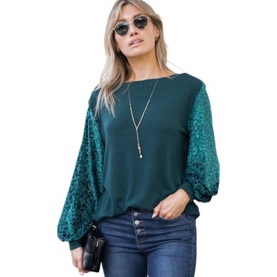 Amaryllis Women's Boat Neck Top with Sheer Leopard Print Balloon Sleeves Relaxed Fit Versatile Pullover